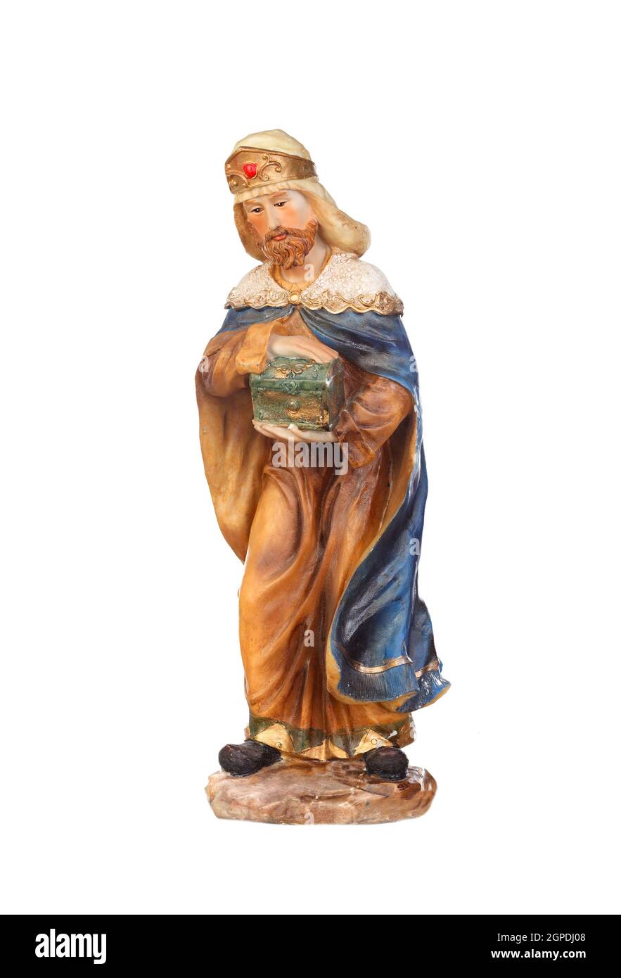 Melchor, uno dei tre saggi. Figura in CERAMICA isolata su sfondo bianco Foto Stock