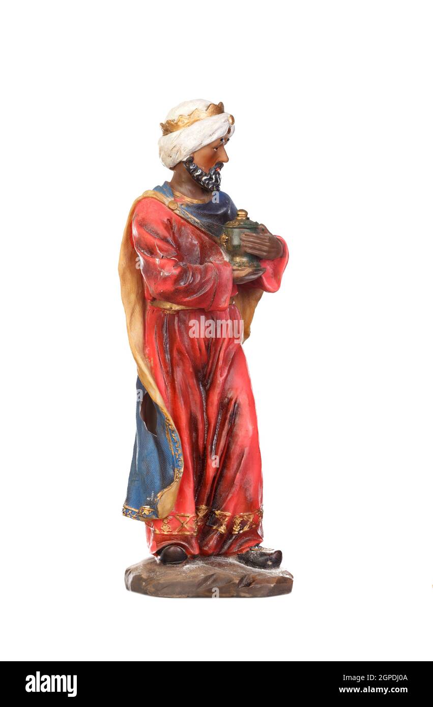 Baltasar, uno dei tre saggi. Figura in CERAMICA isolata su sfondo bianco Foto Stock