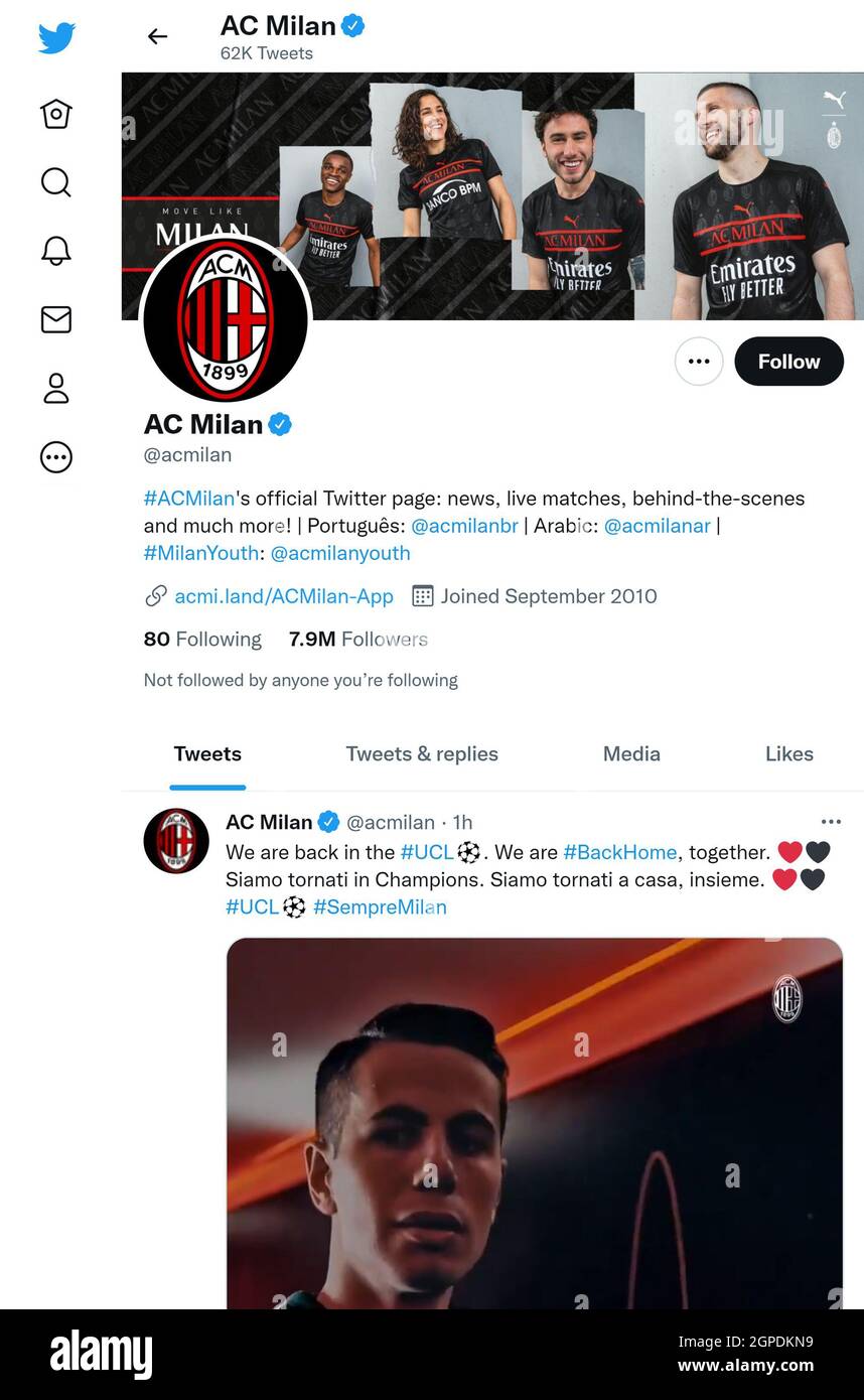 Pagina Twitter (settembre 2021) del club calcistico AC Milan Foto Stock