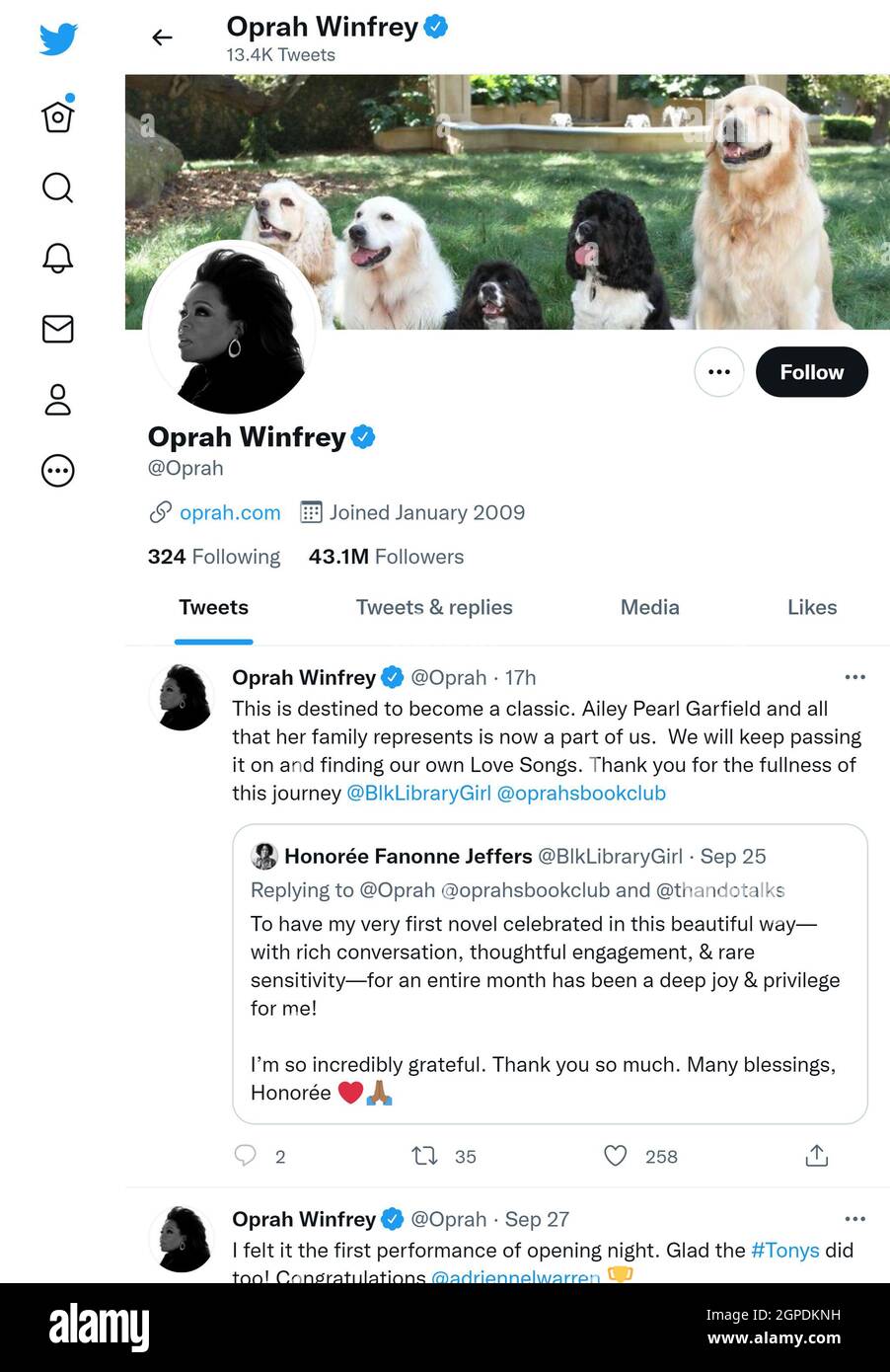 Pagina Twitter (settembre 2021) di Oprah Winfrey Foto Stock