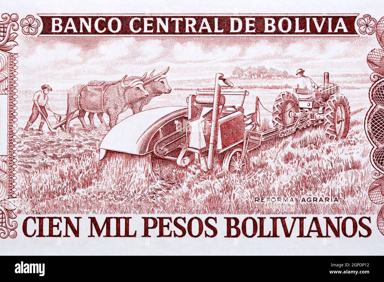 Scena agricola da vecchi soldi boliviani Foto Stock