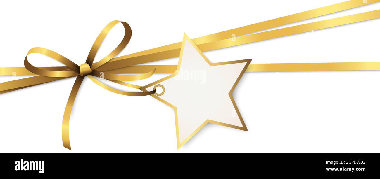 arco in nastro d'oro con tag di appendere la stella di natale Illustrazione Vettoriale