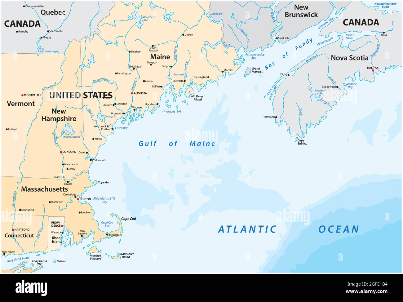 Mappa vettoriale del mare marginale nordamericano, Golfo del Maine, Canada, Stati Uniti Illustrazione Vettoriale