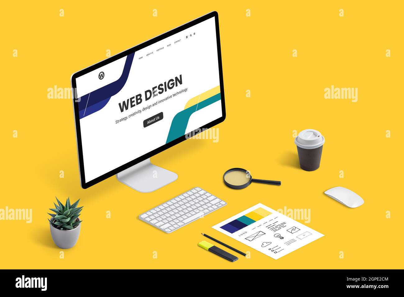 Concetto di studio di disegno di fotoricettore. Computer display con concept web page e scrivania con sketch e tavolozza di colori, tastiera, mouse, caffè, piante. Vi. Isometrico Foto Stock