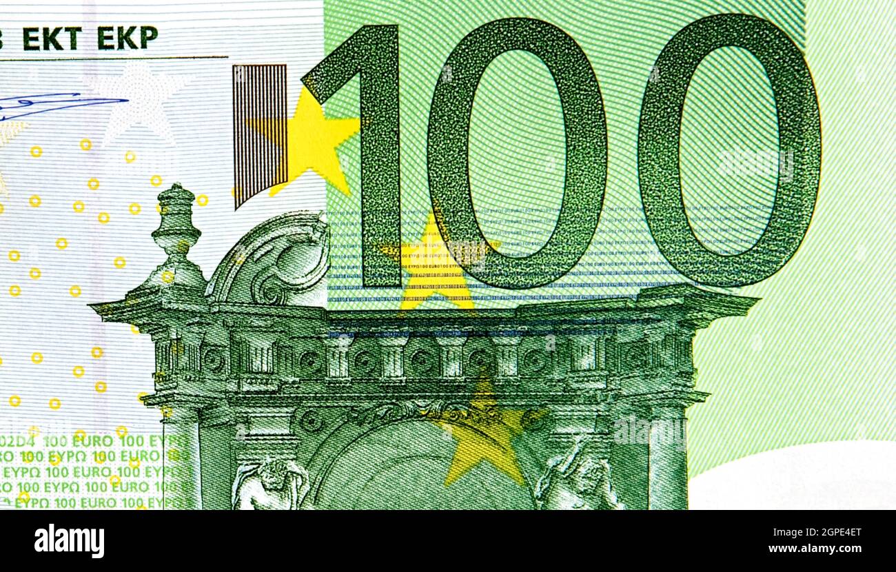 Un centinaio di banconote in euro da vicino. Il colore dei soldi Foto Stock