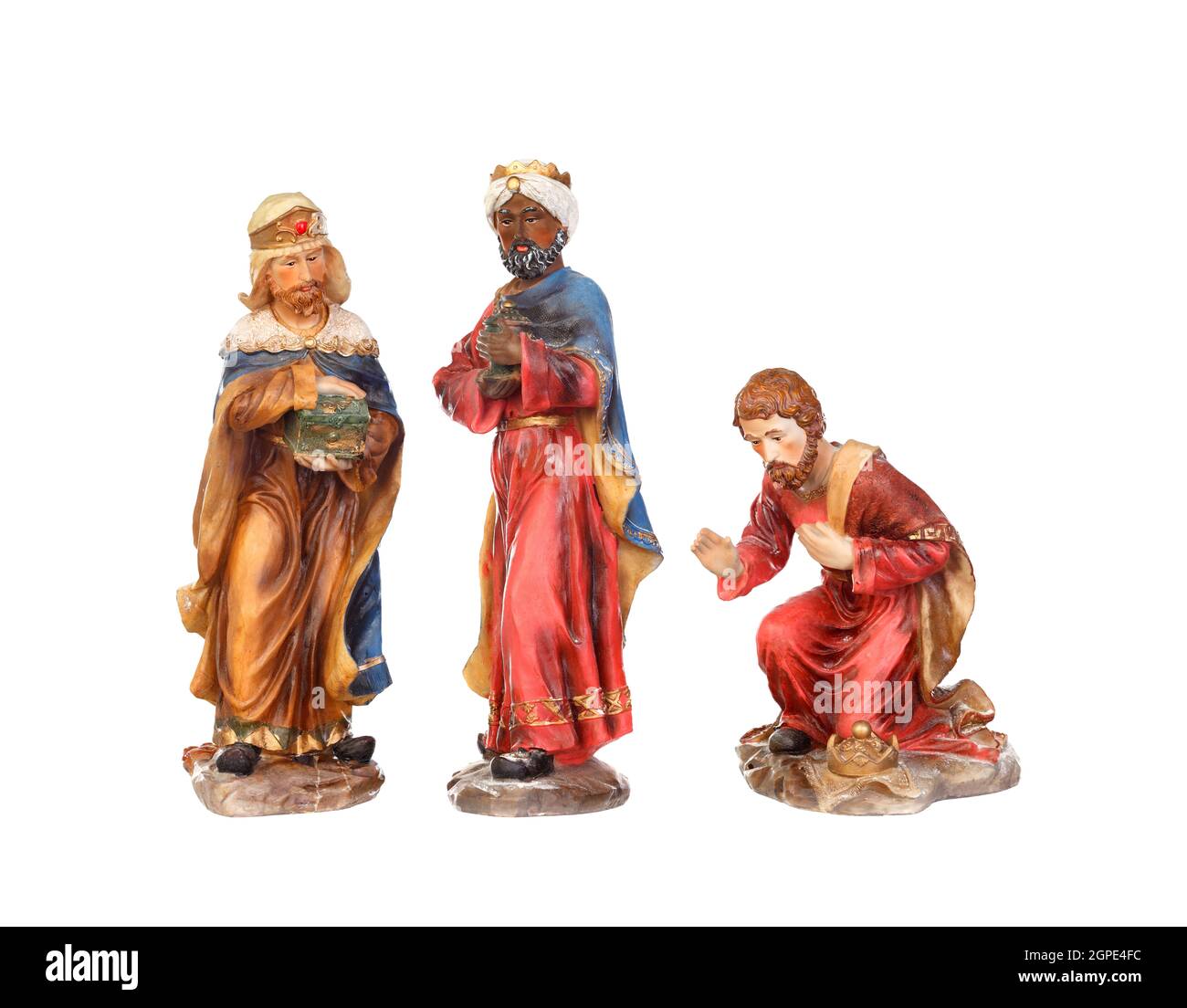 I tre saggi. Le figure in ceramica isolata su sfondo bianco Foto Stock