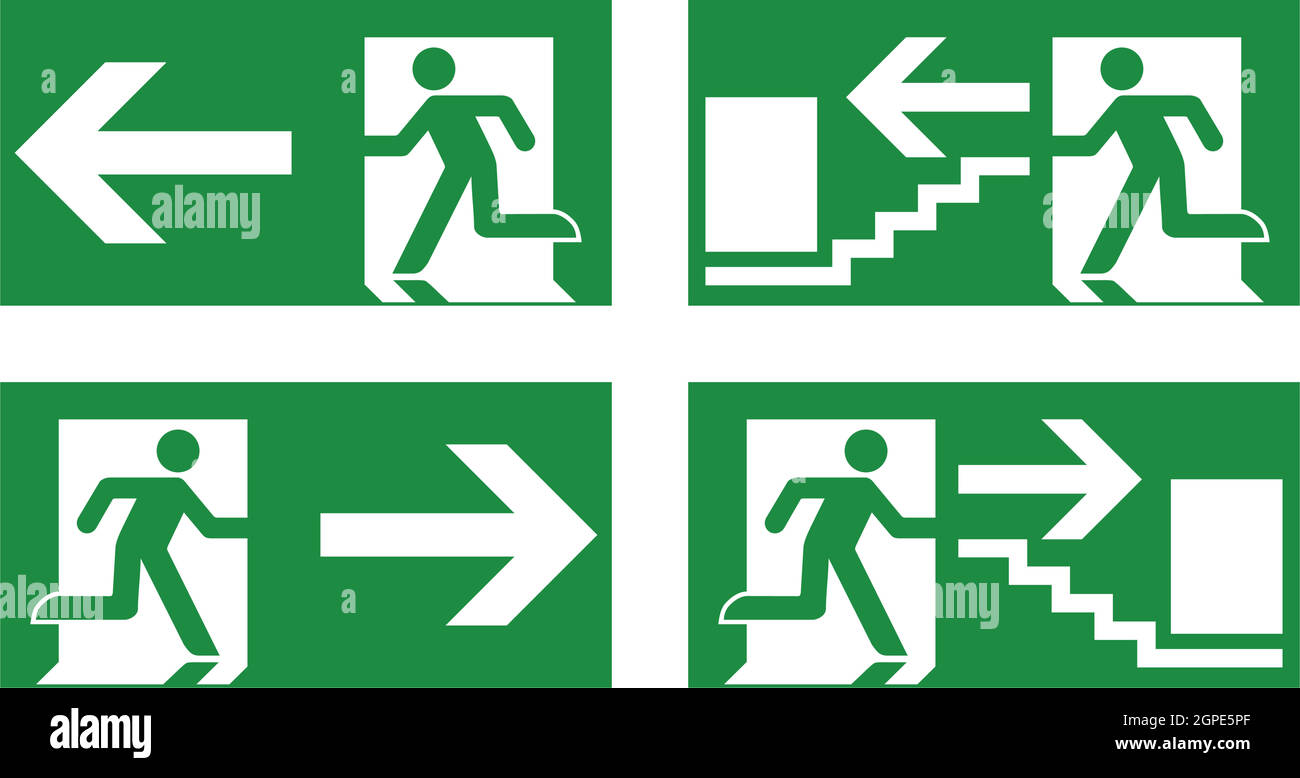 Uscita di emergenza il simbolo di sicurezza. Bianco acceso uomo icona sullo sfondo verde - sinistra e destra e scale versione. Illustrazione Vettoriale