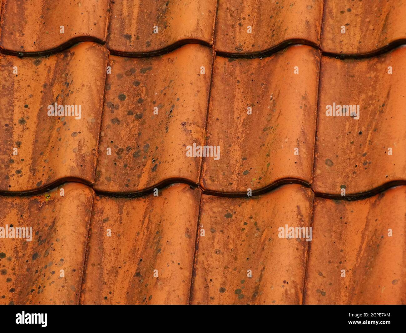un primo piano di un tetto con un modello di vecchie tegole in pietra arancione Foto Stock