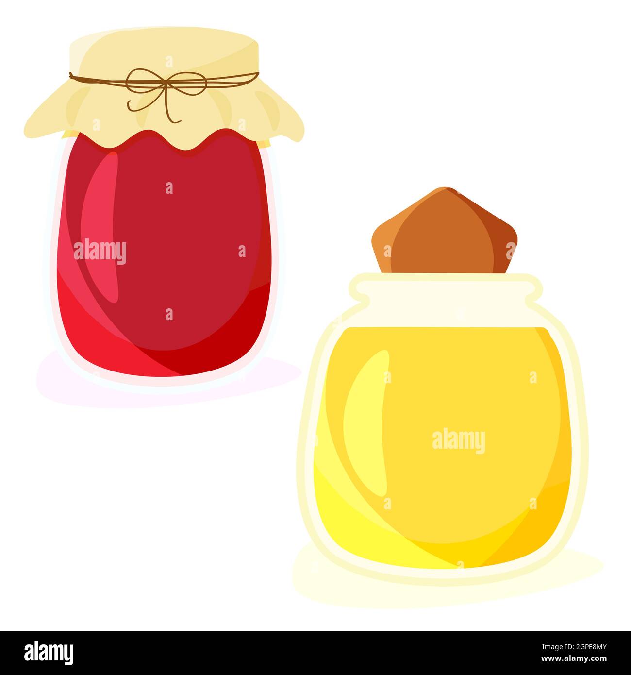 Due vasetti di vetro con miele e marmellata di frutti di bosco isolati su bianco. Confetture dolci. Illustrazione vettoriale piatta. Illustrazione Vettoriale