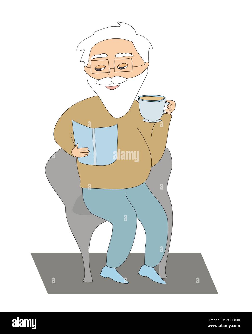 Il vecchio legge un libro e beve il caffè Foto Stock
