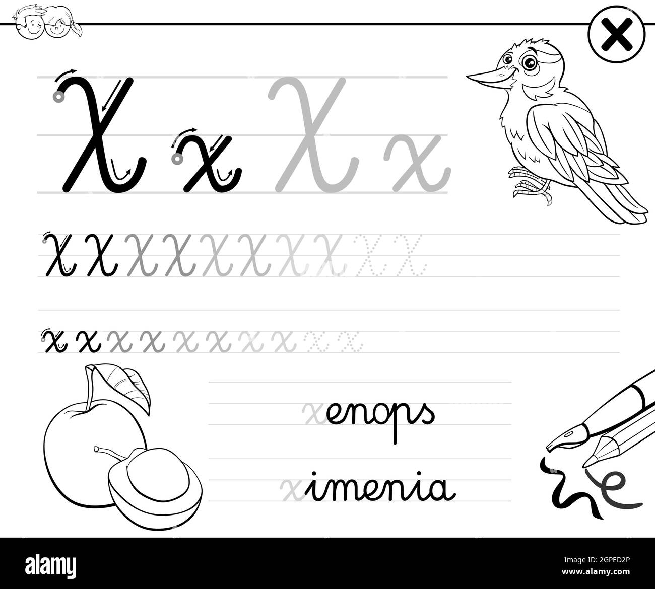 Imparare a scrivere la lettera X libro degli esercizi per i bambini Illustrazione Vettoriale