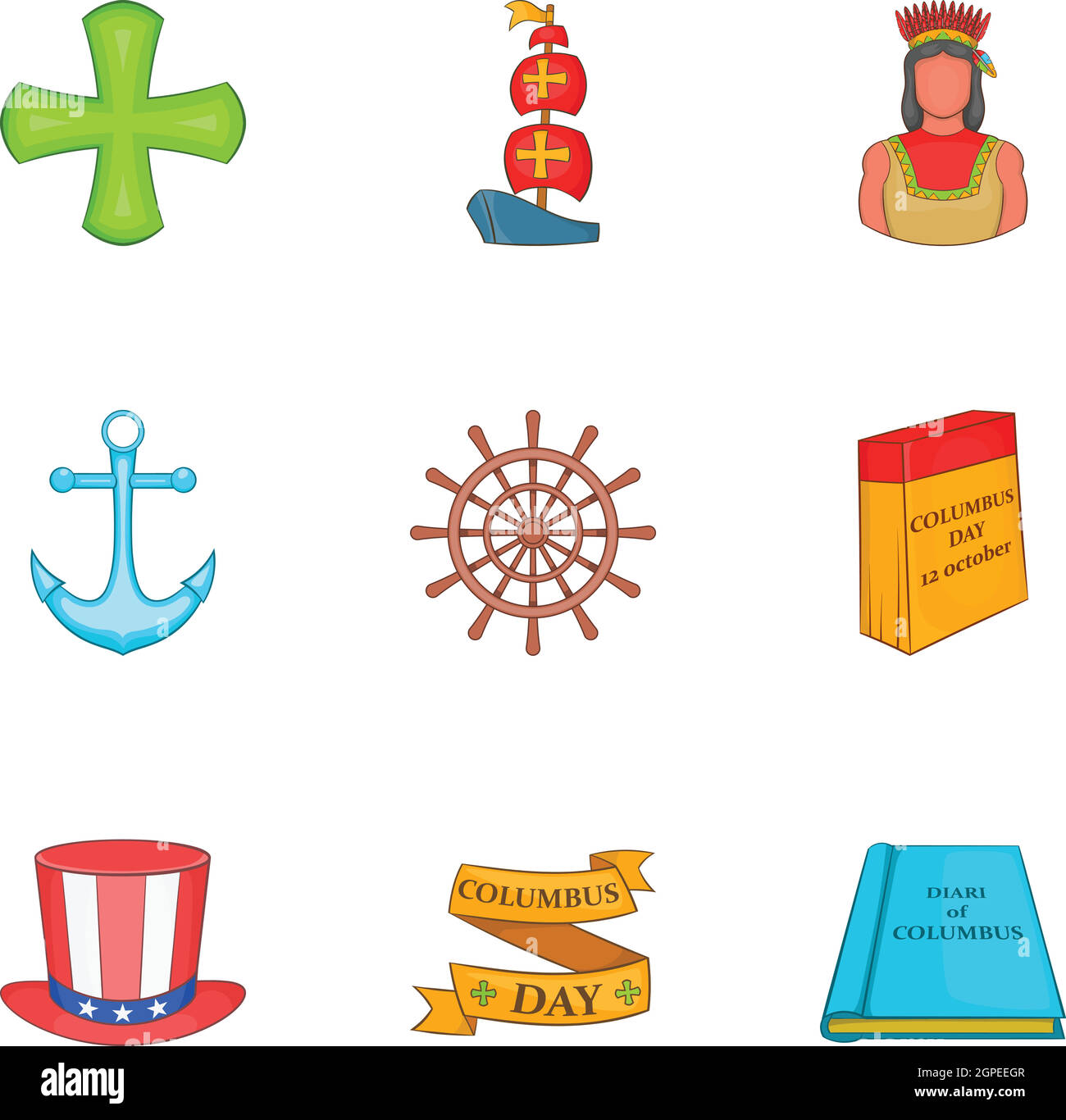 Il Columbus Day set di icone, stile cartoon Illustrazione Vettoriale