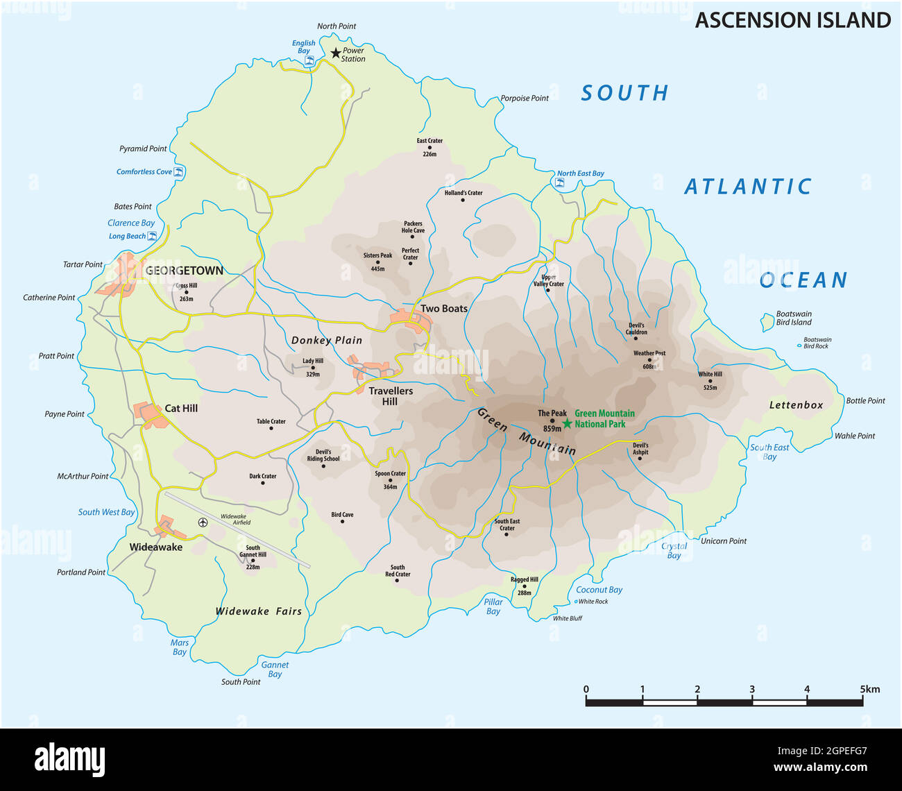 Mappa vettoriale dell'isola vulcanica dell'Ascensione nell'Oceano Atlantico meridionale, Regno Unito Illustrazione Vettoriale