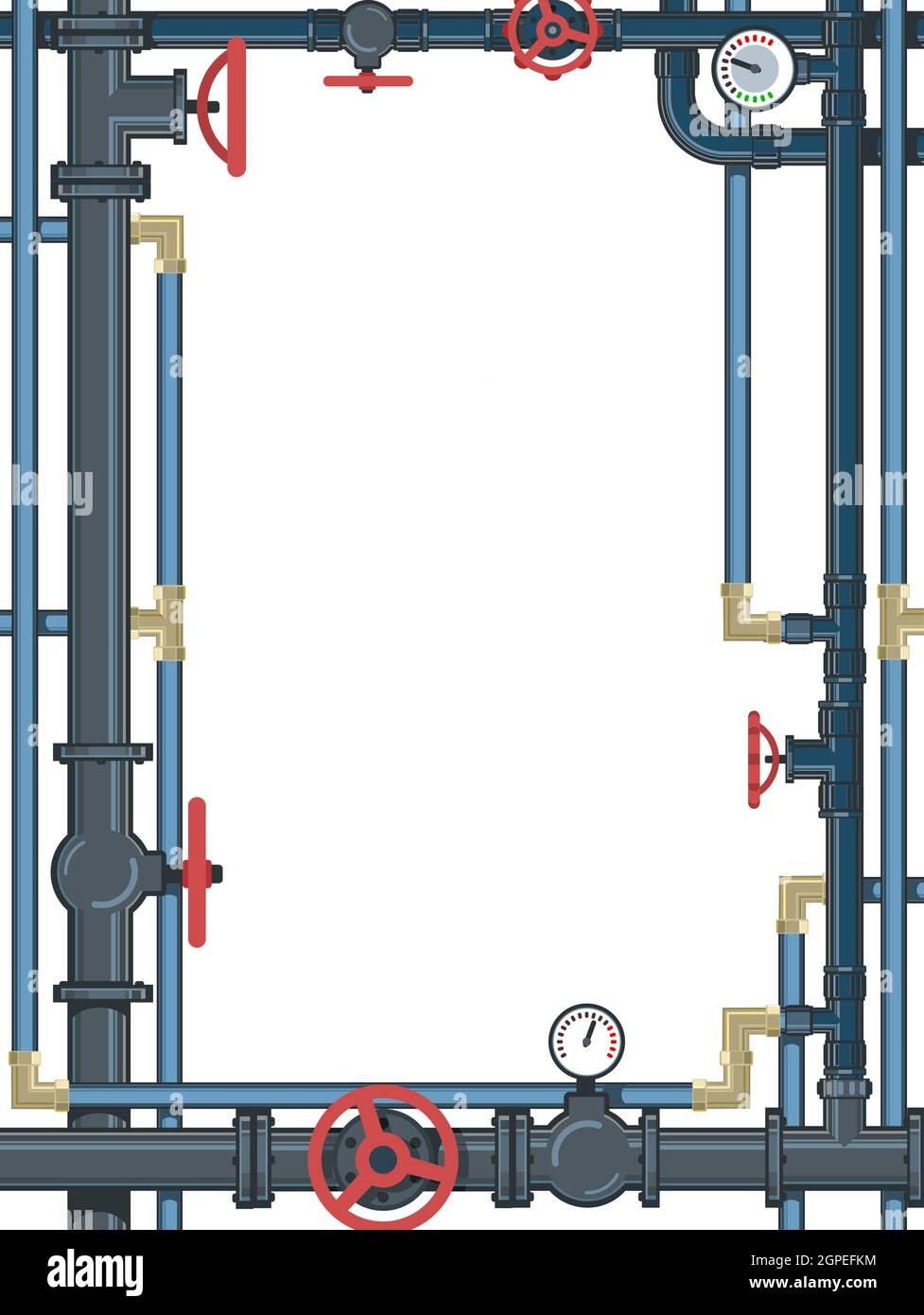 Raccordi per acqua. Pipeline per scopi vari. Cornice con un posto per il testo sul servizio. Con molti tocchi. Illustrazione isolata sullo sfondo Illustrazione Vettoriale