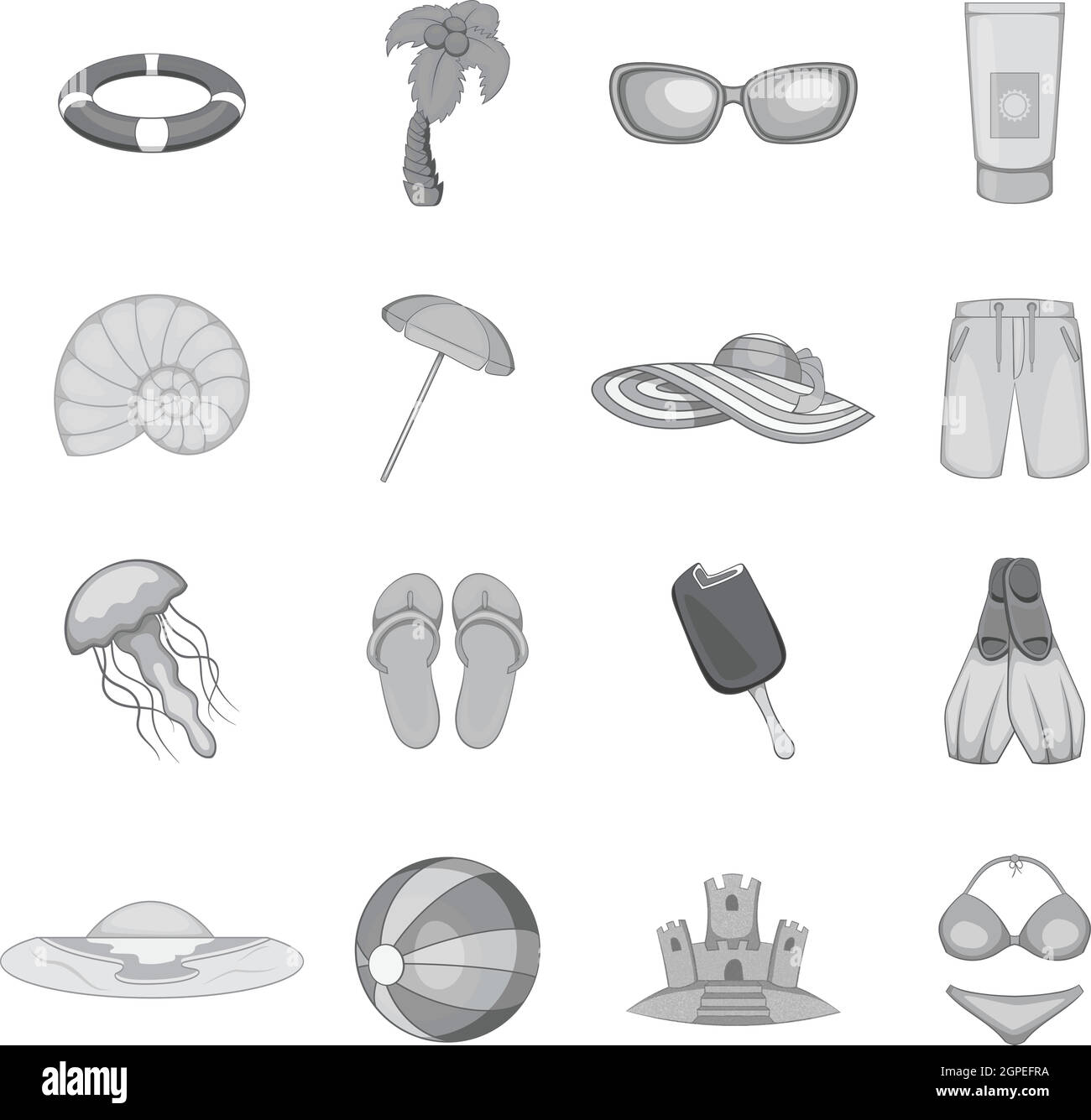 Estate viaggio set di icone, grigio in stile monocromatico Illustrazione Vettoriale