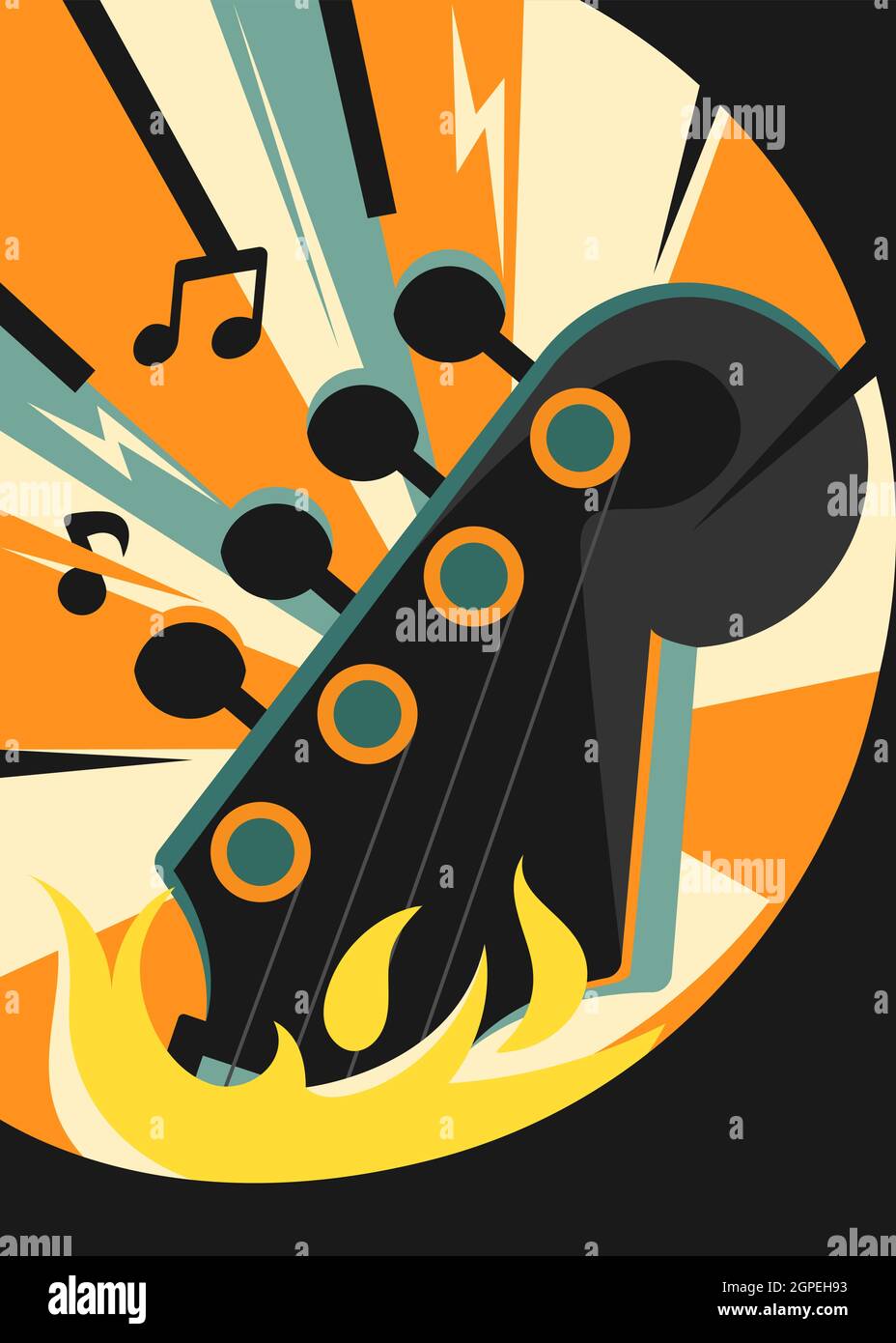Poster di musica rock con chitarra al fuoco. Design della targhetta in stile piatto. Illustrazione Vettoriale