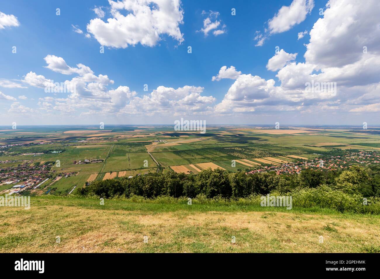 Vista della pianura Vojvodina dalla collina di Vrsac, Serbia. Foto Stock