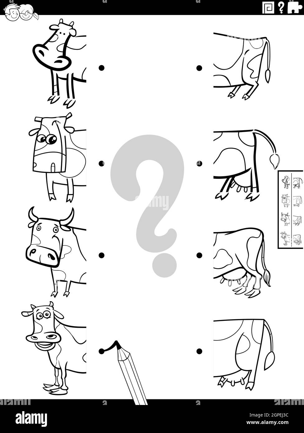 abbina metà delle foto di mucche cartoon colorare pagina libro Illustrazione Vettoriale