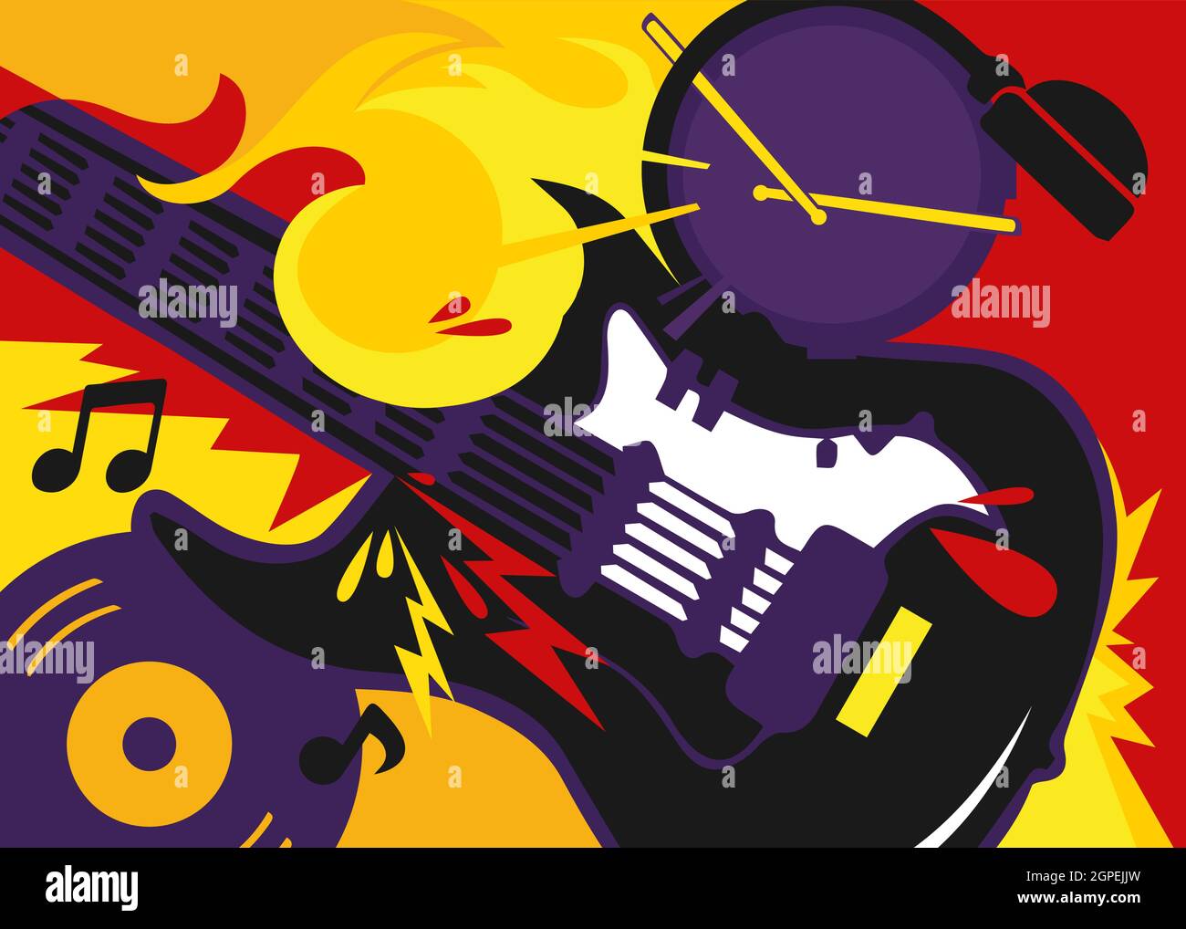 Banner di musica rock con chitarra e batteria. Design della targhetta in  stile piatto Immagine e Vettoriale - Alamy