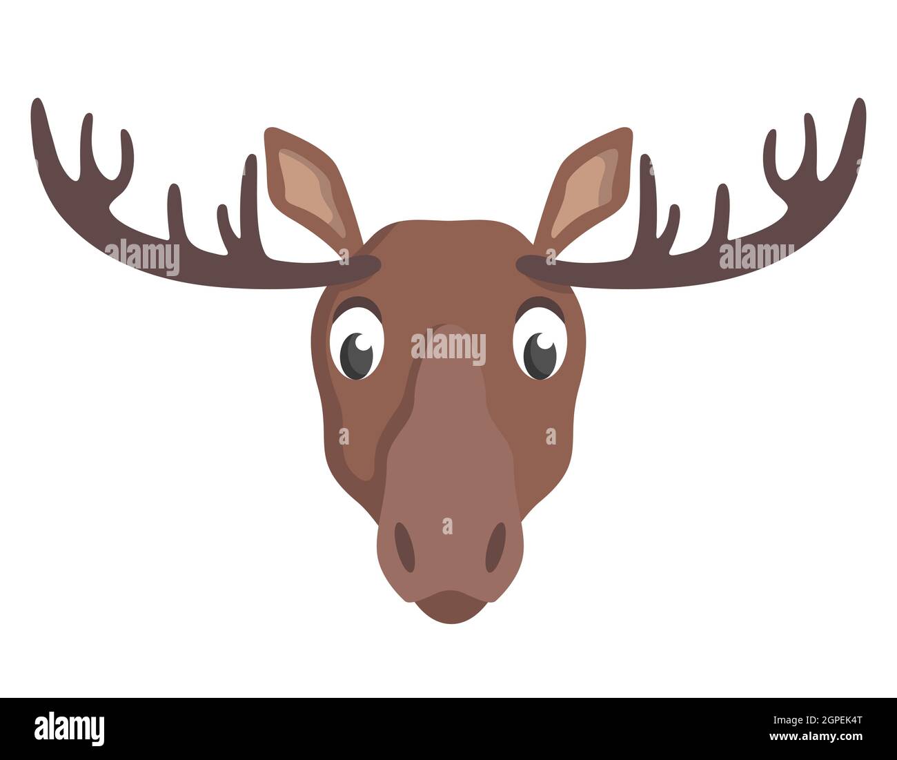 Vista frontale Moose Face. Capo animale in stile cartone animato. Illustrazione Vettoriale
