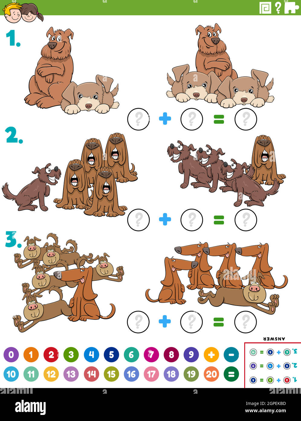 attività didattica di aggiunta matematica con i personaggi del cane Illustrazione Vettoriale