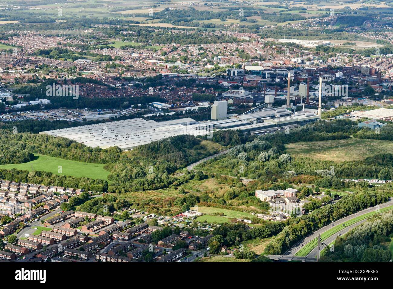 Una vista aerea delle opere di Pilkington Glass, St Helens, Inghilterra nord-occidentale, Regno Unito Foto Stock