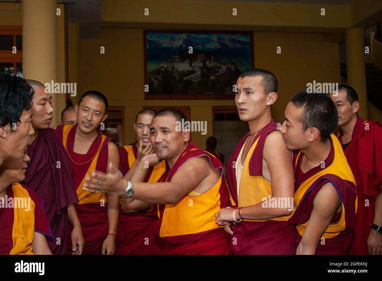 Un gruppo di monaci tibetani si sono impegnati in un dibattito energico a Dharamsala, Himachal Pradesh, India Foto Stock