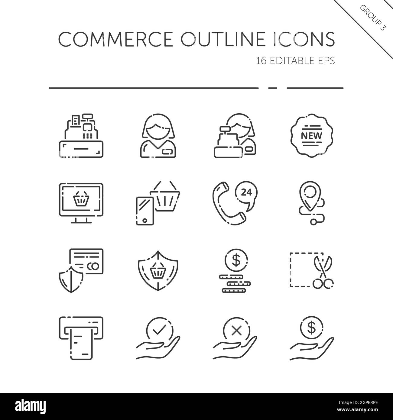 Serie di icone di linea sottile per il commercio. Persone, cassiere, telefono, sicurezza, biglietto, soldi e mani. Illustrazione vettoriale del contorno Illustrazione Vettoriale