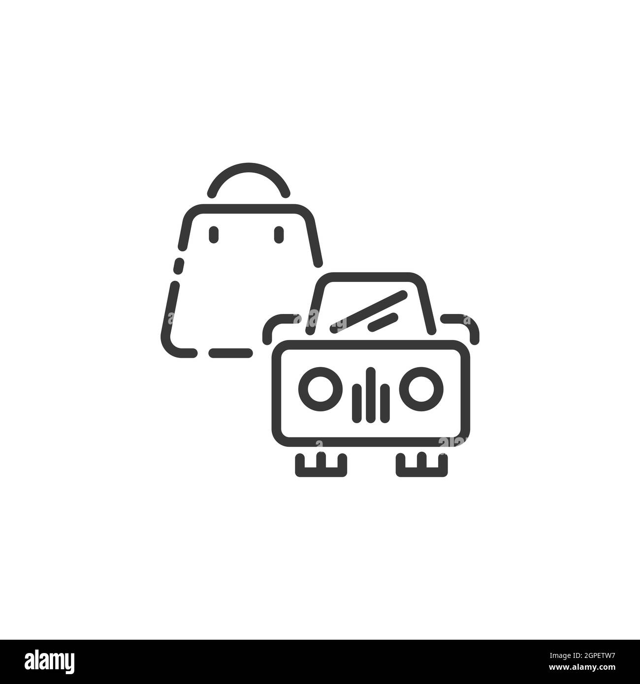 Borsa per la spesa e icona della linea sottile dell'auto. Ritira presso il negozio. Illustrazione vettoriale di commercio del profilo Illustrazione Vettoriale