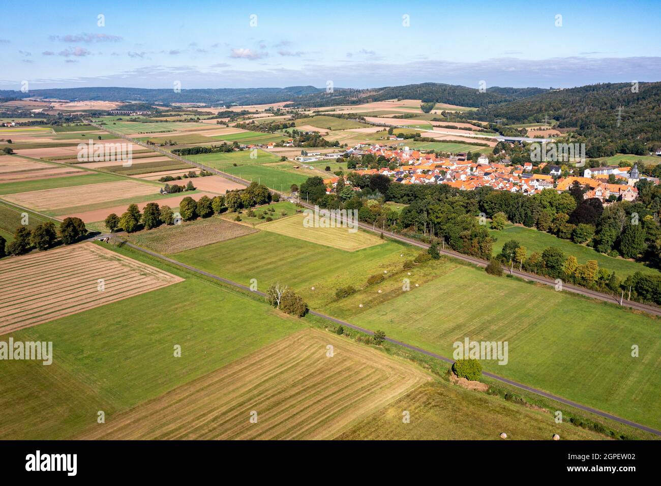 Il paesaggio della valle di Werra a Herleshausen in Assia in Germania Foto Stock