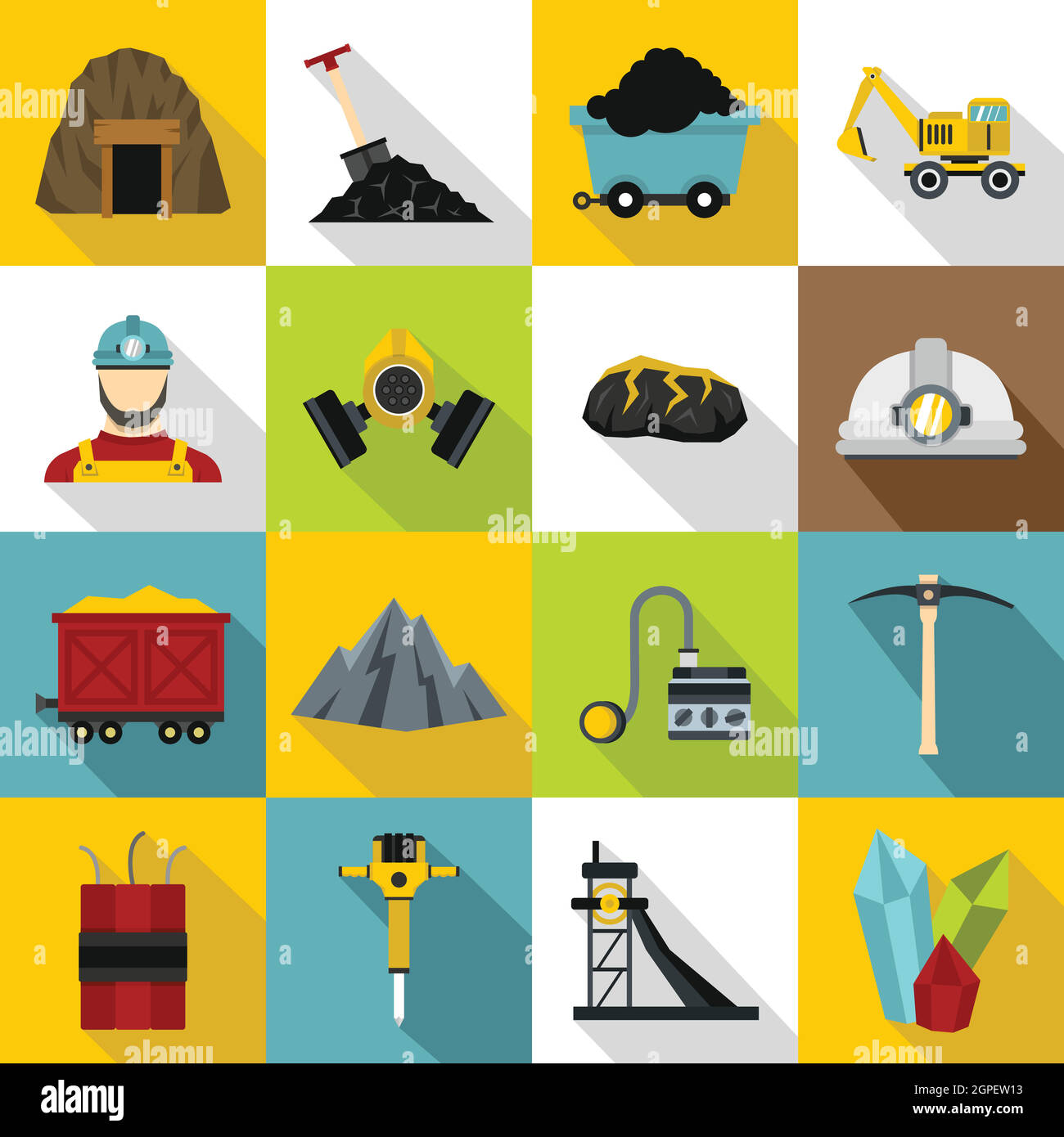 Minatore set di icone di stile di Piana Illustrazione Vettoriale