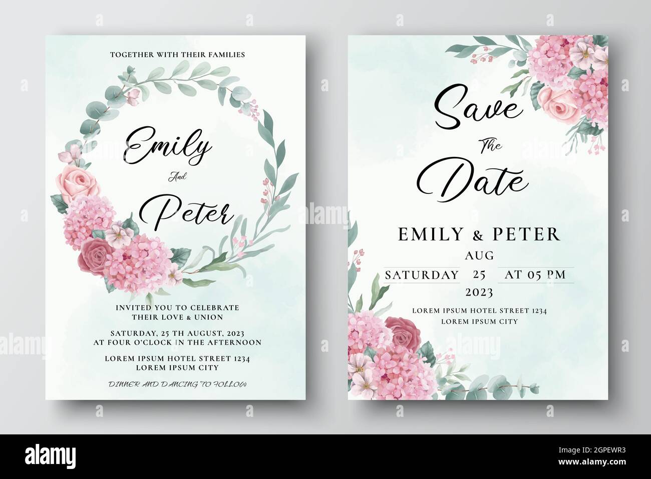 Modello di invito di nozze con acquerello hydrangea e fiori di rose Illustrazione Vettoriale