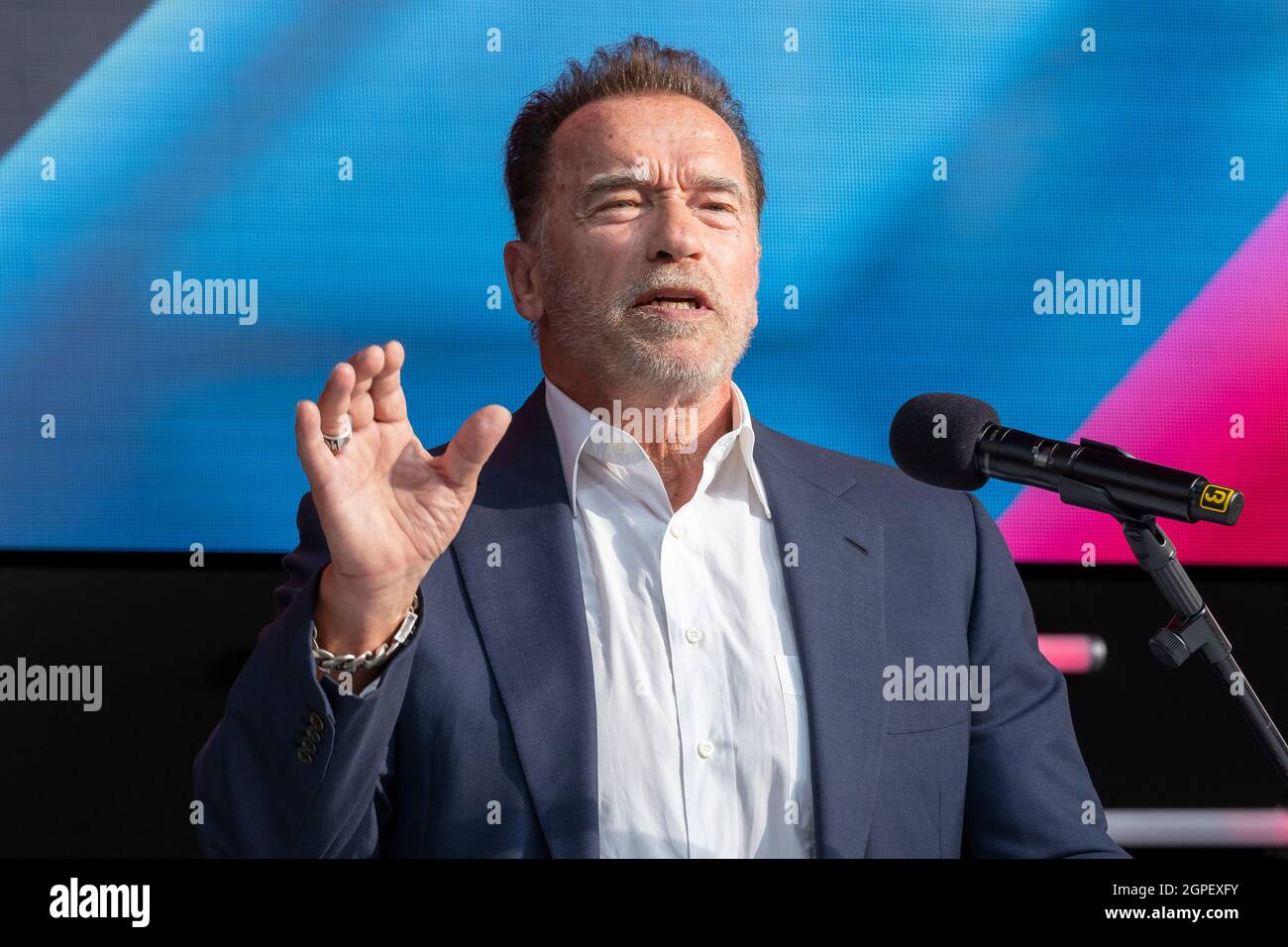 Arnold Schwarzenegger, Olympia, Hollywood Star, ex Governatore della California al Digital X evento a Colonia, Germania Foto Stock