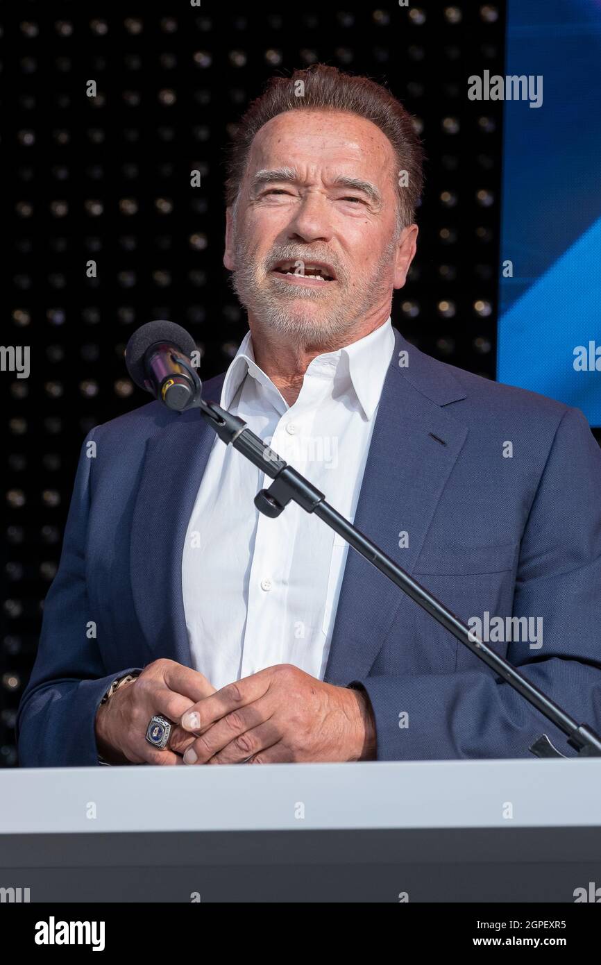 Arnold Schwarzenegger, Olympia, Hollywood Star, ex Governatore della California al Digital X evento a Colonia, Germania Foto Stock