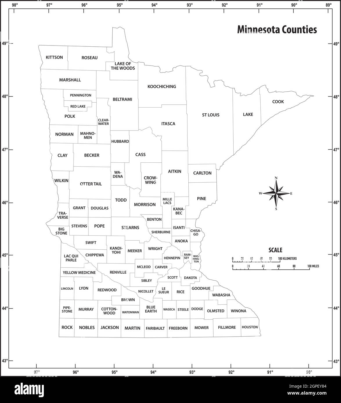 mappa amministrativa dello stato del minnesota in bianco e nero Illustrazione Vettoriale