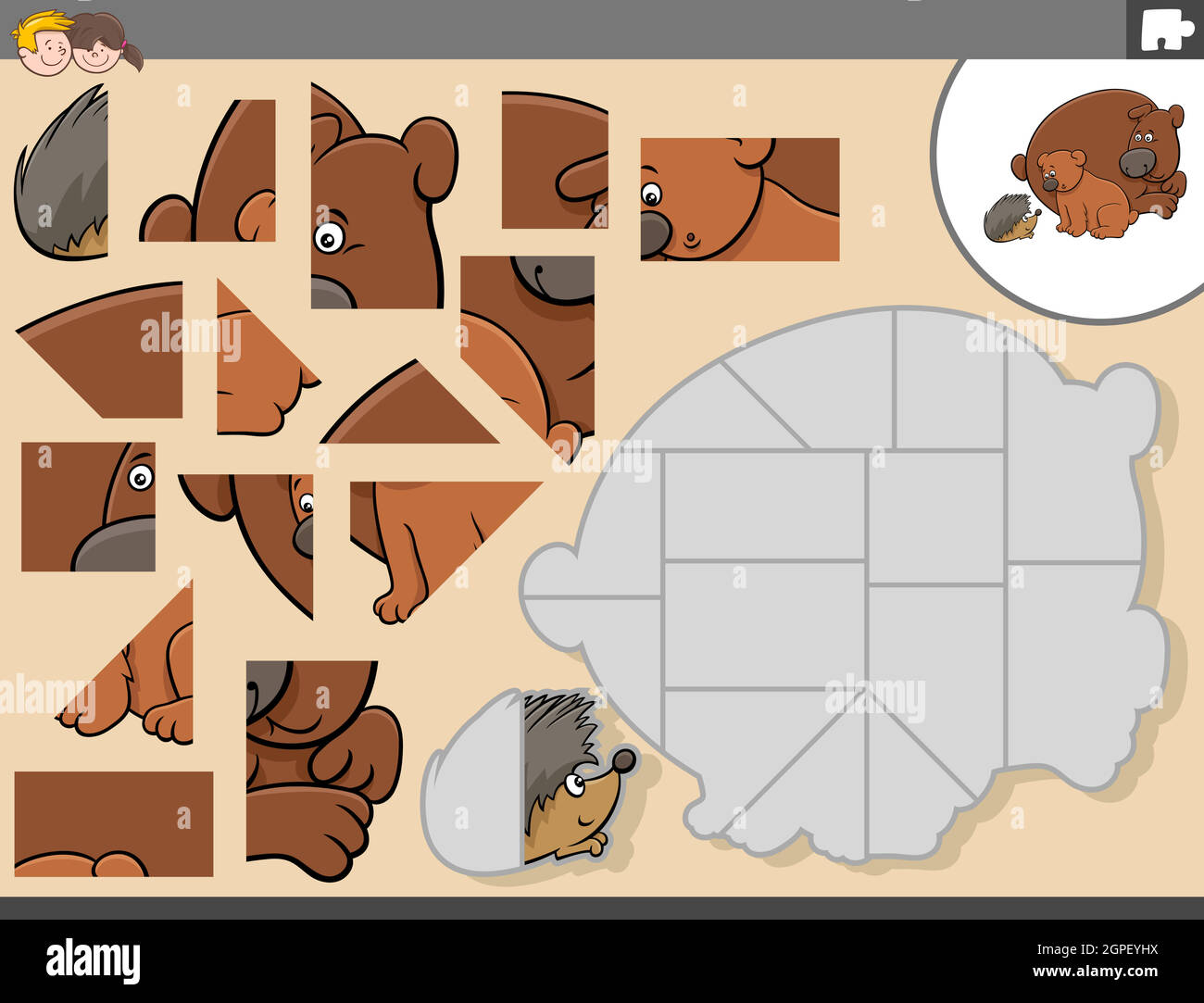 gioco di puzzle con orsi e hedgehog personaggi animali Illustrazione Vettoriale