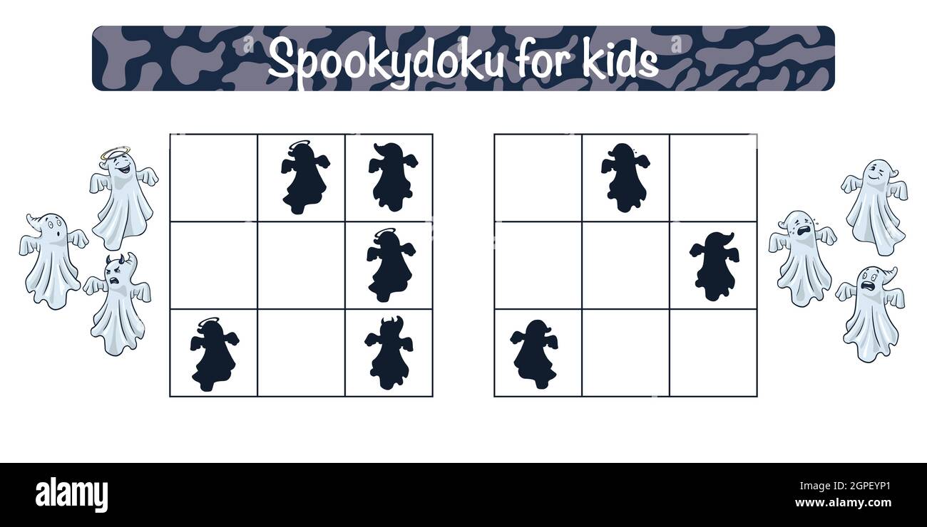 Gioco educativo di Spookydoku per i bambini. Sudoku con divertenti attività fantasma per i bambini. Rompicapo della scuola. Foglio di lavoro didattico. Vettore Premium Illustrazione Vettoriale