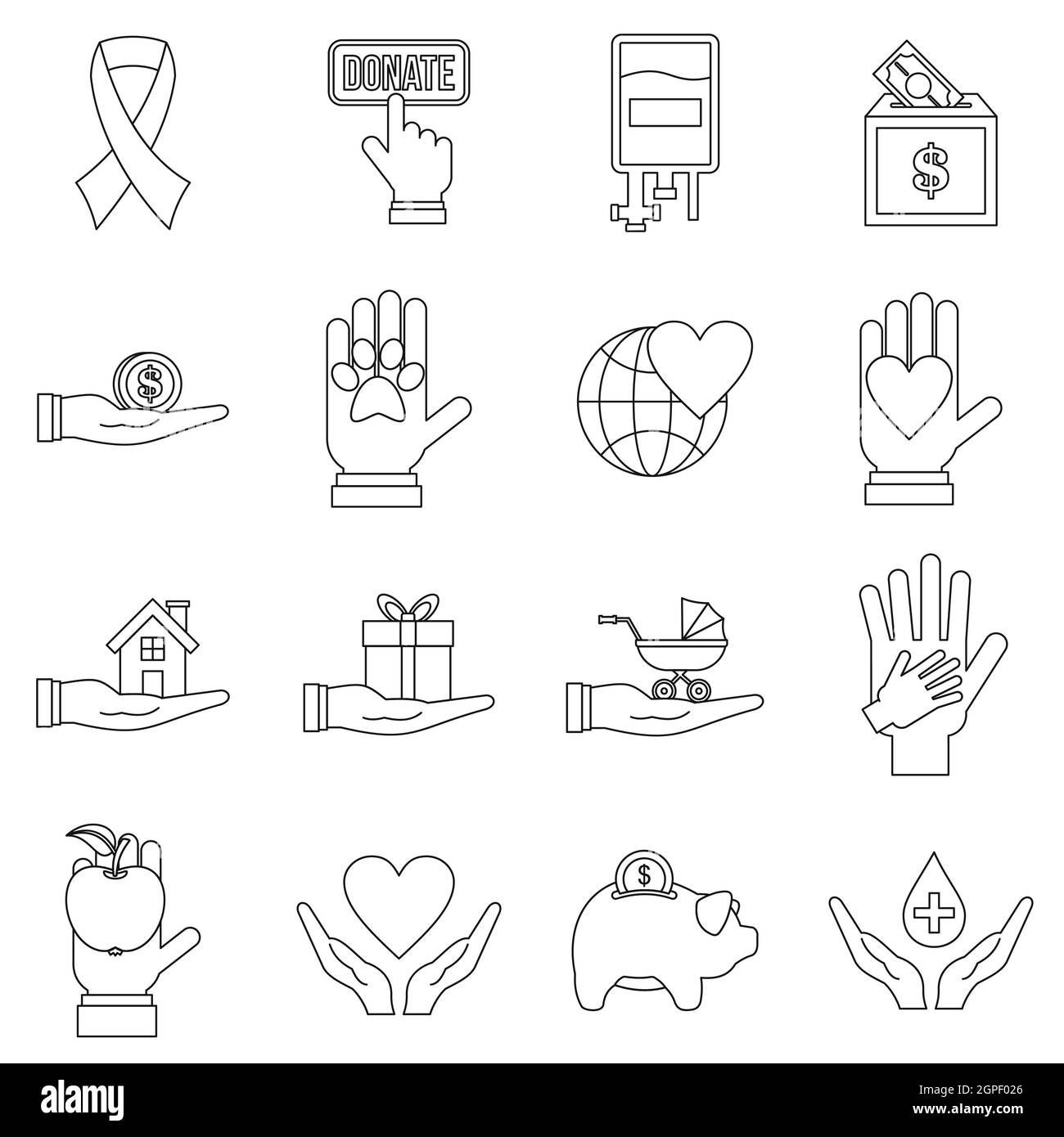 La carità set di icone di stile di Piana Illustrazione Vettoriale