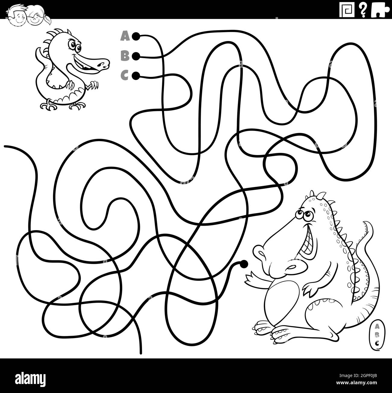 linea labirinto con cartoon baby drago con madre pagina libro da colorare Illustrazione Vettoriale