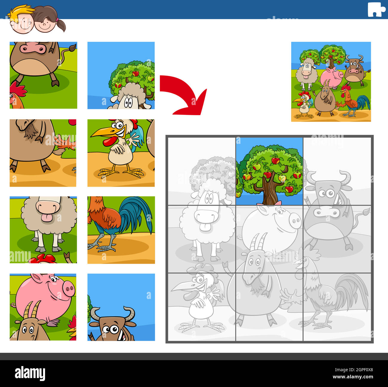 gioco di puzzle con personaggi fumetti animali fattoria Illustrazione Vettoriale