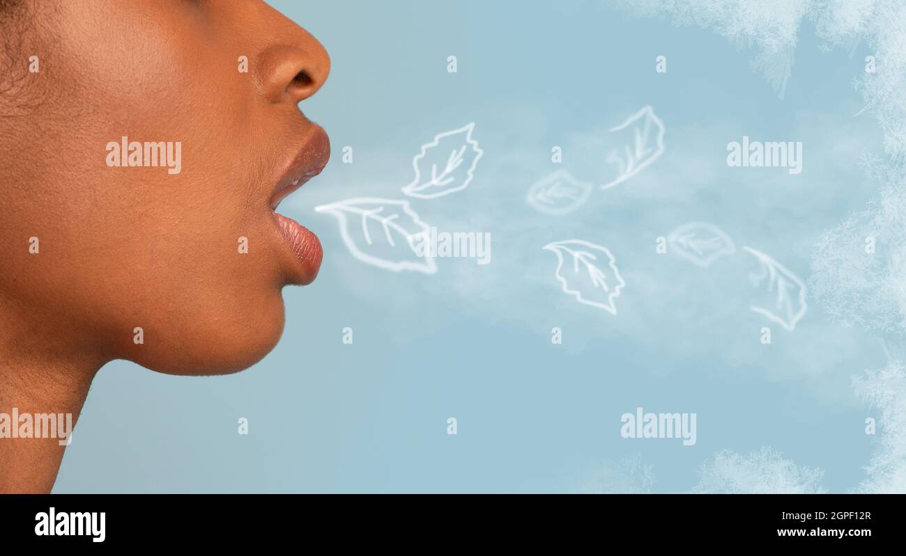 Vista laterale della Donna Nera che ha respiro fresco della bocca, collage creativo Foto Stock