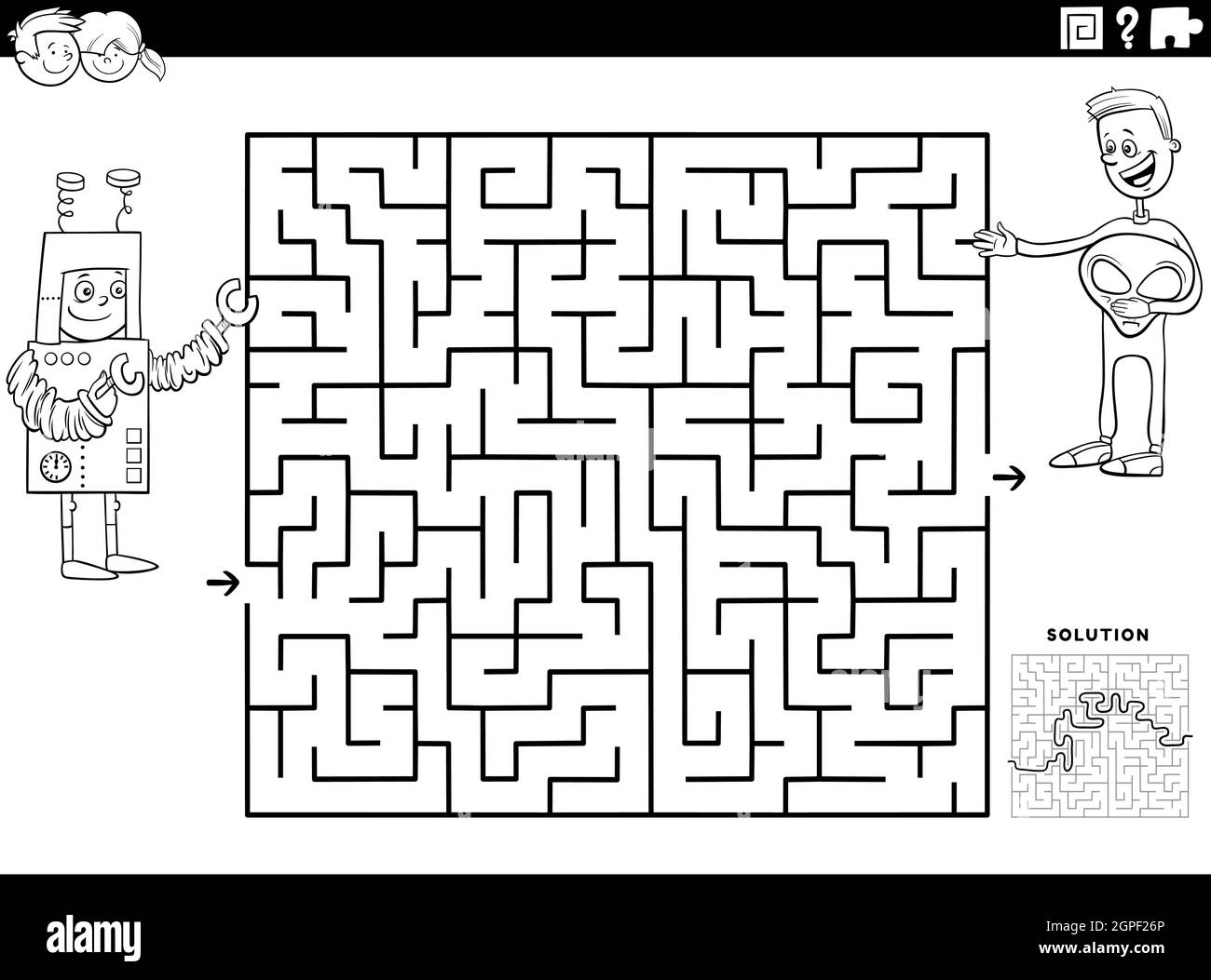 gioco di labirinto con ragazzi al costume partito colorare pagina del libro Illustrazione Vettoriale