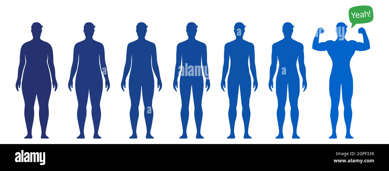 Uomo che ottiene dal grasso all'atleta dentro prima e dopo illustrazione motivazionale di idoneità. Banner vettoriale concettuale per perdita di peso e miglioramento del corpo. Illustrazione Vettoriale