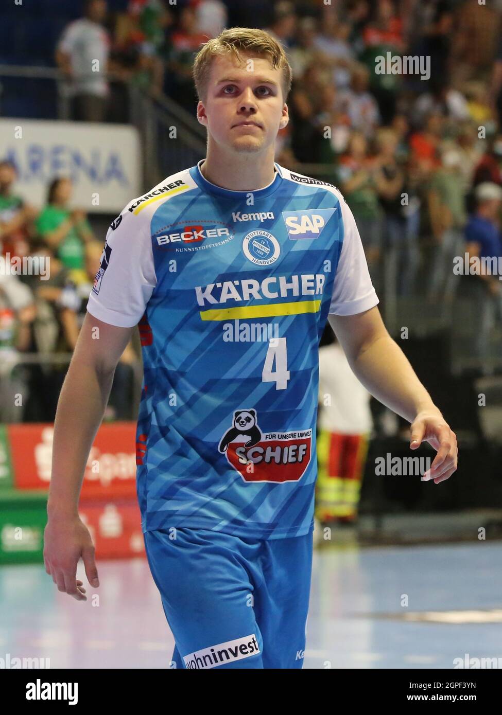 Icelandic Handball Player Andri Mar Runarsson TVB Stuttgart Handball Bundesliga Season 2021-22 SC Magdeburg Vs. TVB di Stoccarda nella GETEC Arena Magde Foto Stock