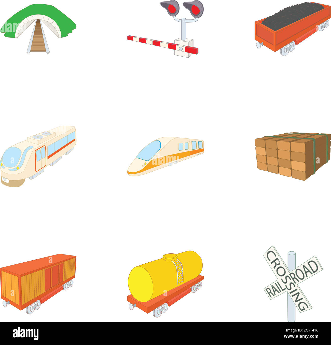 Trasporto ferroviario set di icone, stile cartoon Illustrazione Vettoriale