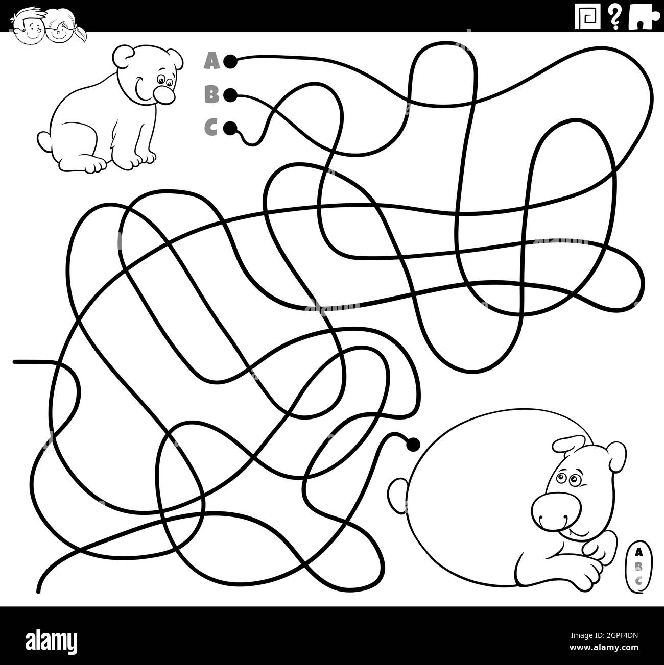 linea labirinto con cartoon baby orso con madre colorazione pagina libro Illustrazione Vettoriale