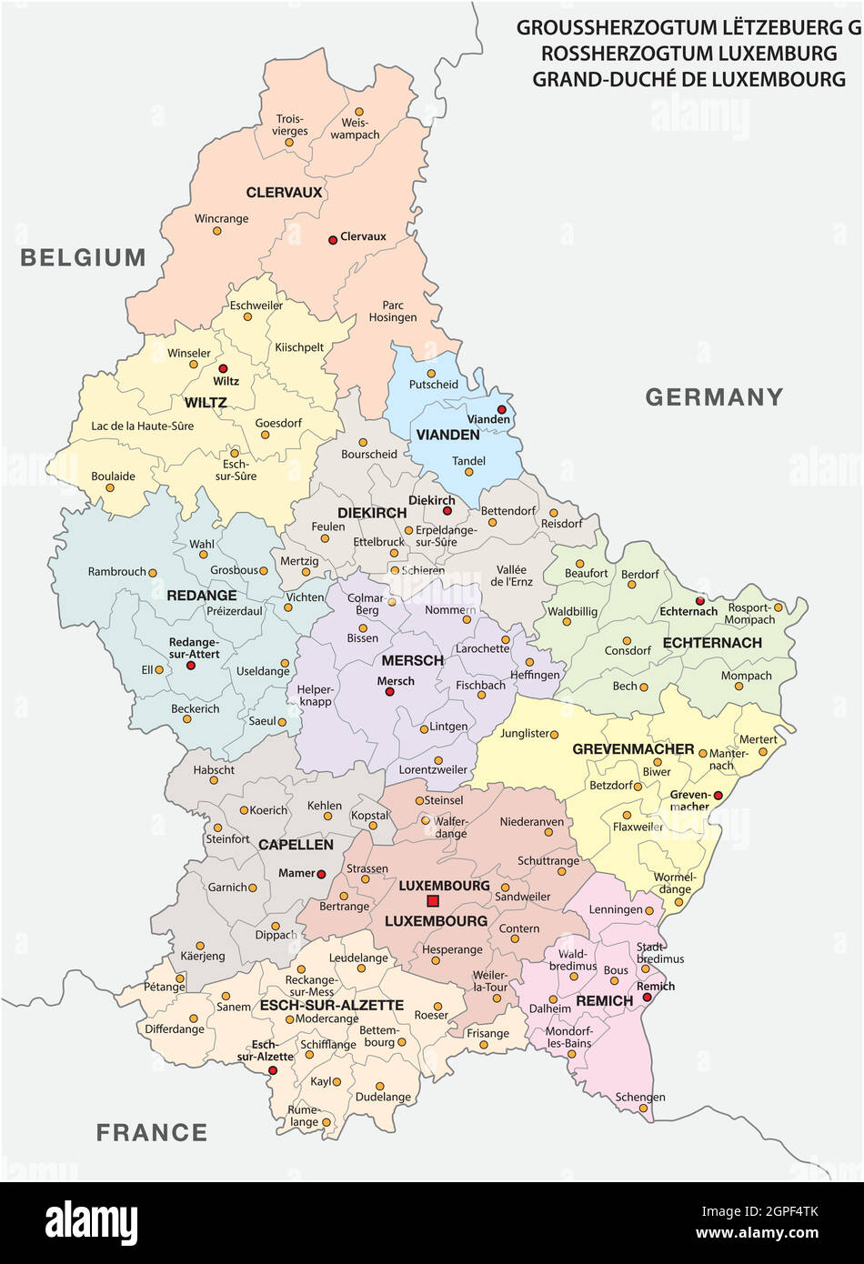 Mappa vettoriale amministrativa e politica Granducato di Lussemburgo Illustrazione Vettoriale