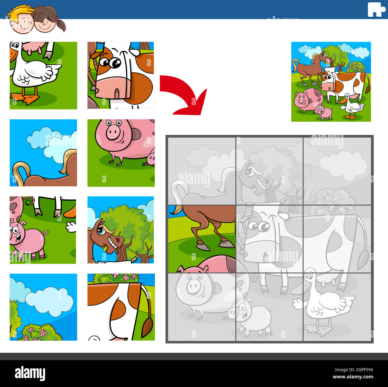 gioco di puzzle con divertenti personaggi animali fattoria Illustrazione Vettoriale