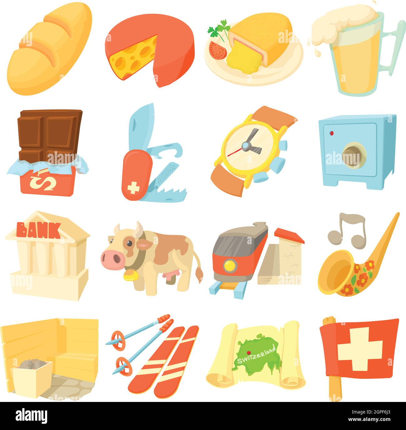 Switzerland Travel set di icone, stile cartoon Illustrazione Vettoriale