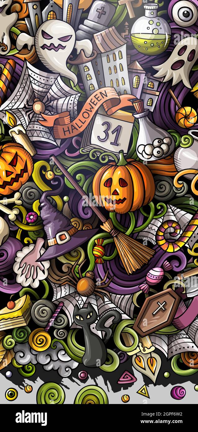 Cartoon carino vettore colorato mano doodles disegnati banner Halloween Illustrazione Vettoriale